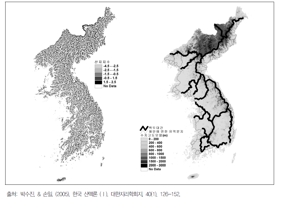 한반도의 산지지수의 분포(좌)와 유역분수계와 백두대간체계의 중첩결과(우)