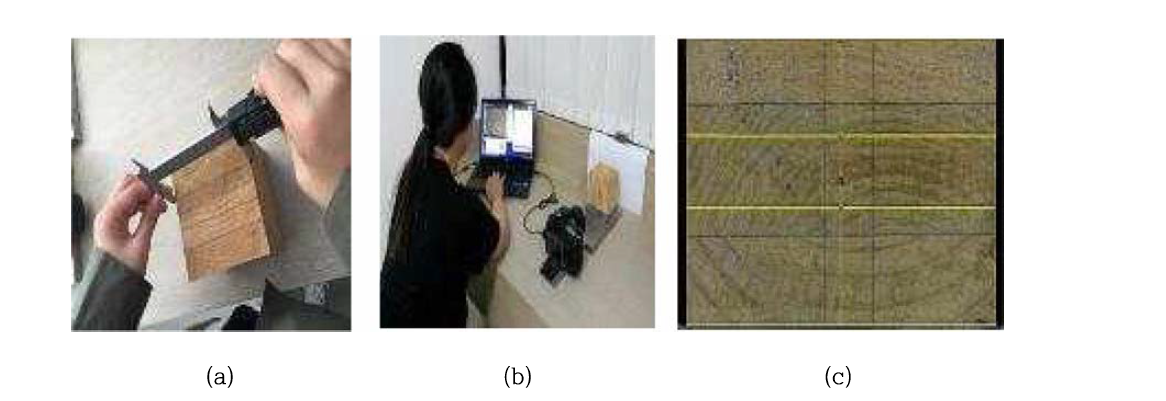 선 수축팽창률 측정 방법 (a) 캘리퍼를 사용하여 선 수축팽창률 측정 (b) 카메라를 사용하여 시편 촬영 (c)Image J 사용하여 선 수축팽창률 측정