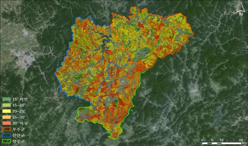 무주, 진안, 장수군의 산림입지도(경사)