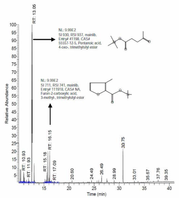 Ethyl acetate를 이용한 용매 추출 결과 액상 가수분해물 중 organic phase의 추출 후 크로마토그램