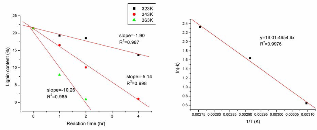 반응 온도와 시간에 따른 탈리그닌 속도