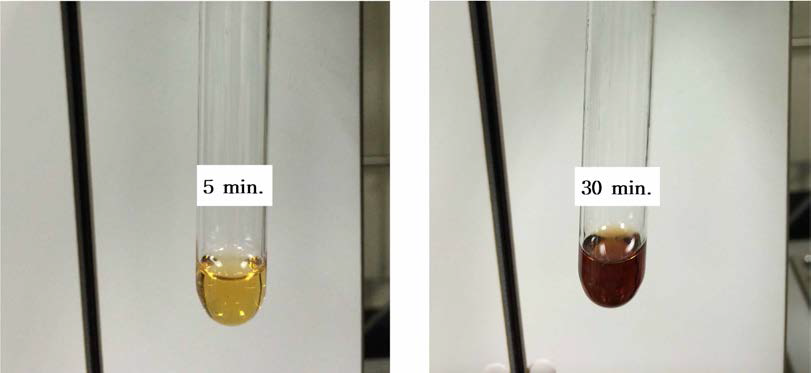 NMMO 반응 시간 증가에 따른 용액화 섬유소의 색상