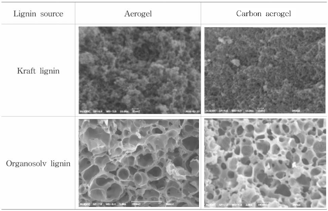 전처리별 리그닌 기반 에어로겔의 단면 구조