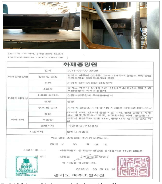 Images of fire broken out in the dryer and its certificate.