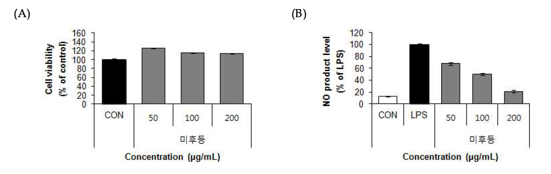 Effect of 70% ethanol extract from Mihudeung (Actinidia arguta (Siebold&Zucc.) Planch. ex Miq.) on cell viability (A) and NO product levels (B) in RAW 264.7 cells
