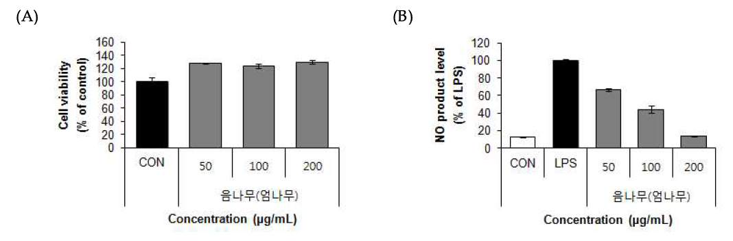 Effect of 70% ethanol extract from Castor aralia (Kalopanax septemlobus (Thunb.) Koidz.) on cell viability (A) and NO product levels (B) in RAW 264.7 cells.