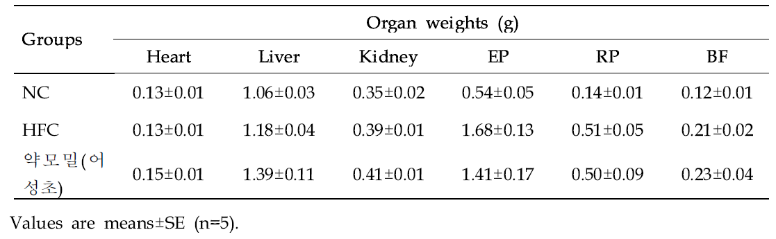 Effect of Heartleaf houttuynia (Houttuynia cordata Thunb.) on organ weight of mice in different groups