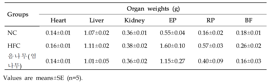 Effect of Castor aralia (Kalopanax septemlobus (Thunb.) Koidz.) on organ weight of mice in different groups