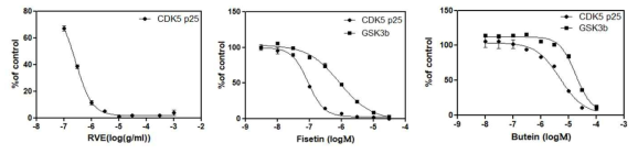 옻나무 추출물, fisetin, butein에 의한 GSK3β와 CDK5/p25 효소 활성 저해 양상