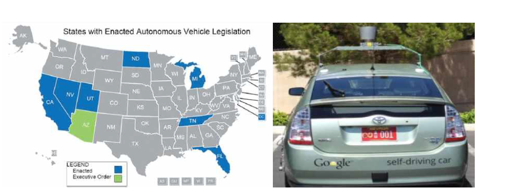 자율주행 시험주행이 가능한 주 현황(2016년 03월 기준) 및 Google의 자율주행차량 면허 발급