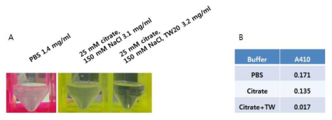 A) Shaking stress에 의한 aggregation 확인 (4 ℃, 90˚, rpm 10, 24 hr) B) Turbidity 측정 (UV-VIS spectrophotometer, 10 ㎜ cuvette, 410 ㎚)