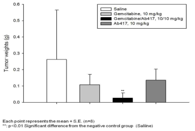 Choi-CK xenograft 모델에서 Ab417 항체와 gemcitabine의 병용투여 효능 분석 결과, 적출 종양의 무게 측정 결과