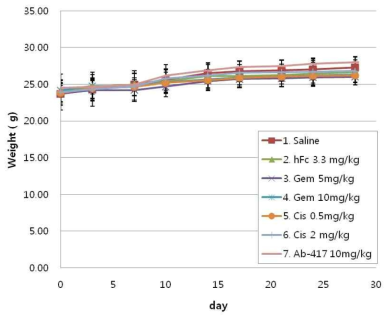 TFK-1 xenograft 모델에서 항체 및 chemodrugs 용량 분석 결과, 체중 변화