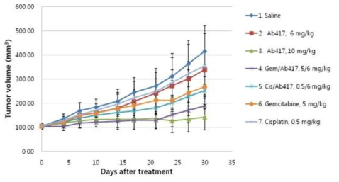 TFK-1 xenograft 모델에서 Ab417 항체와 chemodrugs (gem, cis)의 병용투여 효능 분석 결과, 종양 부피 변화