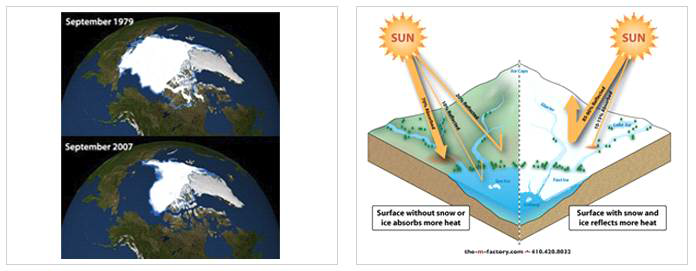여름철 북극 빙하 비교 및 알베도 차이로 인한 흡수 에너지 비교