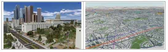 UCLA의 도시 시뮬레이션(좌) 및 Vertex Modelling의 VUCITY(우)