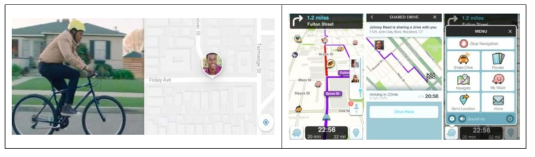 구글지도 앱의 위치공유(좌) 및 웨이즈 라이더(우)