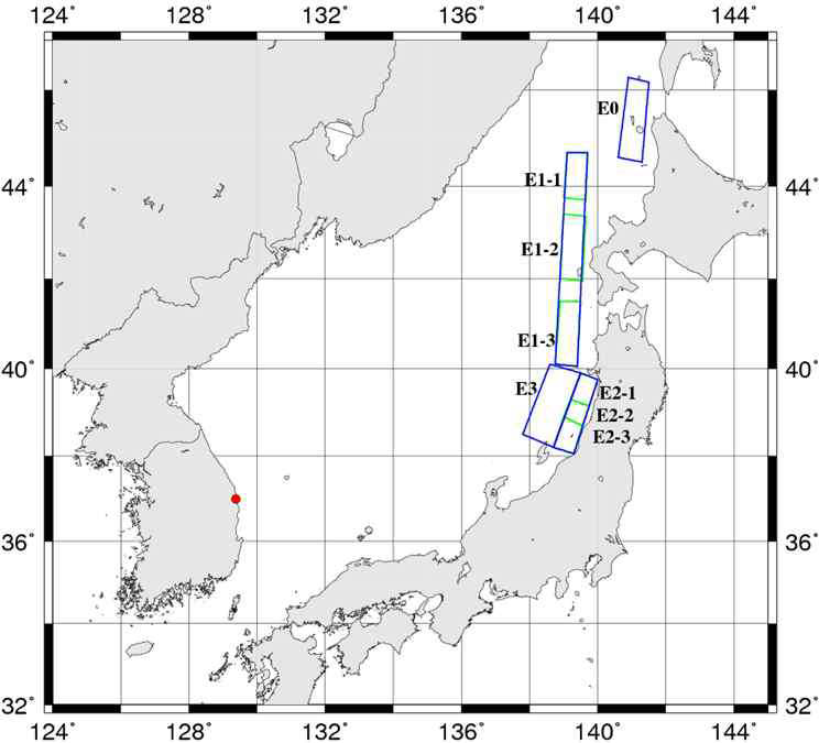 북서 일본 인근 선행연구 지진대 선정