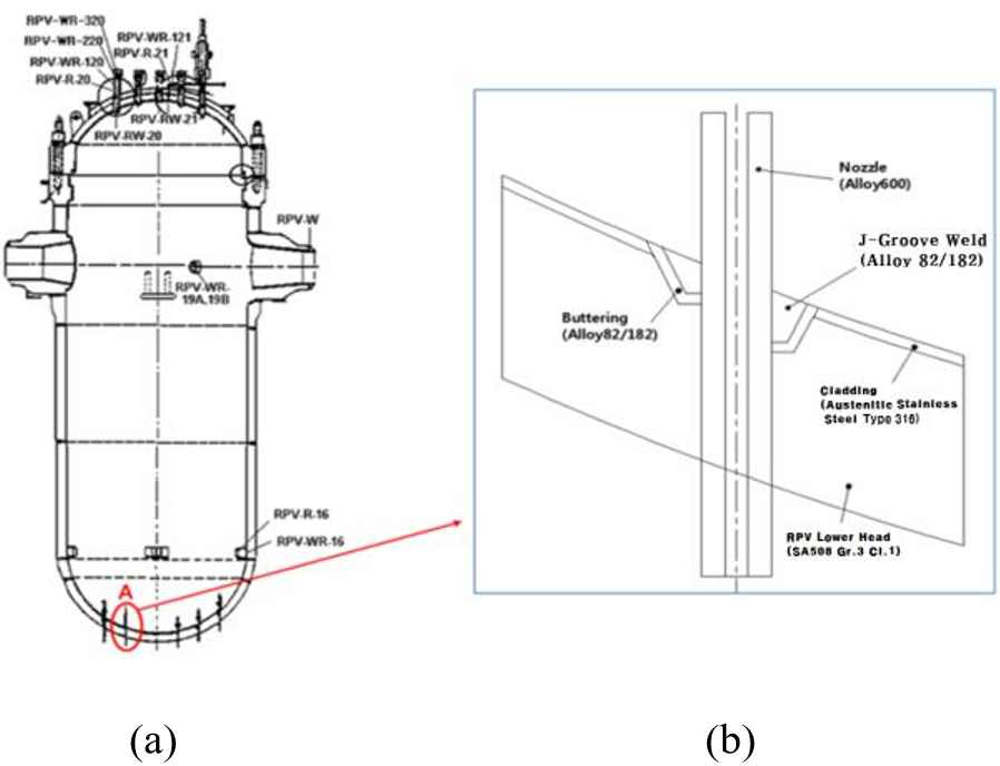 원자로 하부 헤드 RPV BMI 관통 노즐의 위치와 형상 (a) 위치 (b) 형상