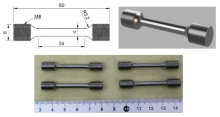상온 및 고온 인장 시험에 사용된 시편 도면 및 형상