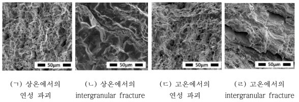 상온 및 고온 인장 시험 후 파단면 분석 결과.