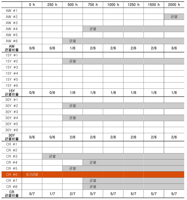 2000시간까지의 균열생성 실험 결과