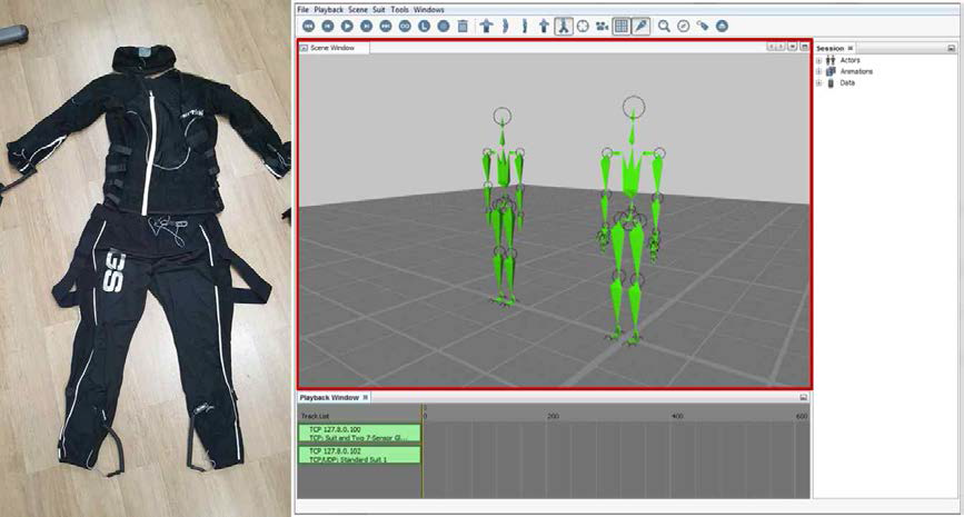 모션센서가 장착된 수트(왼쪽) 및 IGS-BIO 소프트웨어 인터페이스 윈도우(오른쪽) 모습