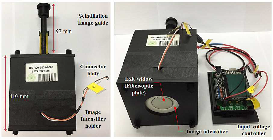 접촉식 경성 섬광 영상가이드, 광섬유 테이퍼와 영상증배관이 연결된 모습