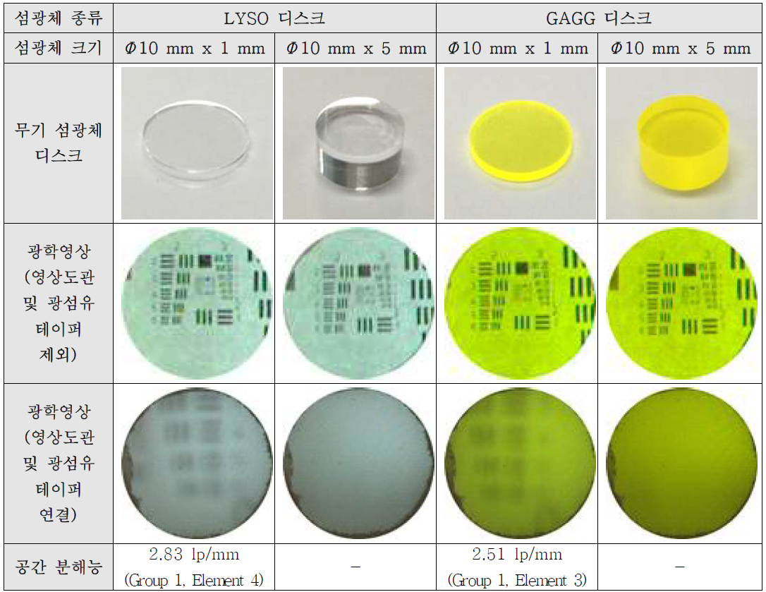 LYSO와 GAGG 섬광체 디스크를 이용하여 측정한 광학영상의 비교