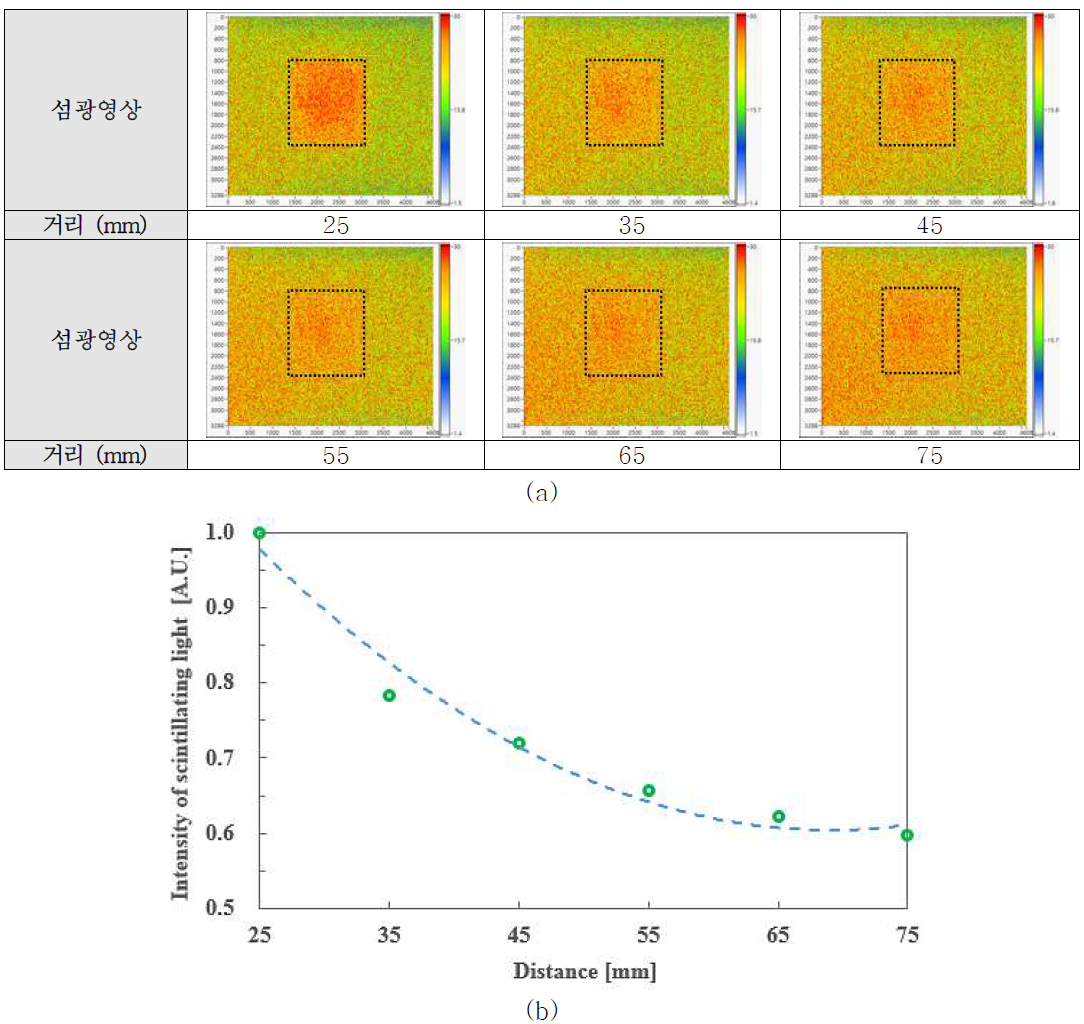 갑상선 팬텀 내에 위치한 감마선원과의 거리 변화에 따른 (a) 섬광영상과 (b) ROI 내에서 광 강도의 변화
