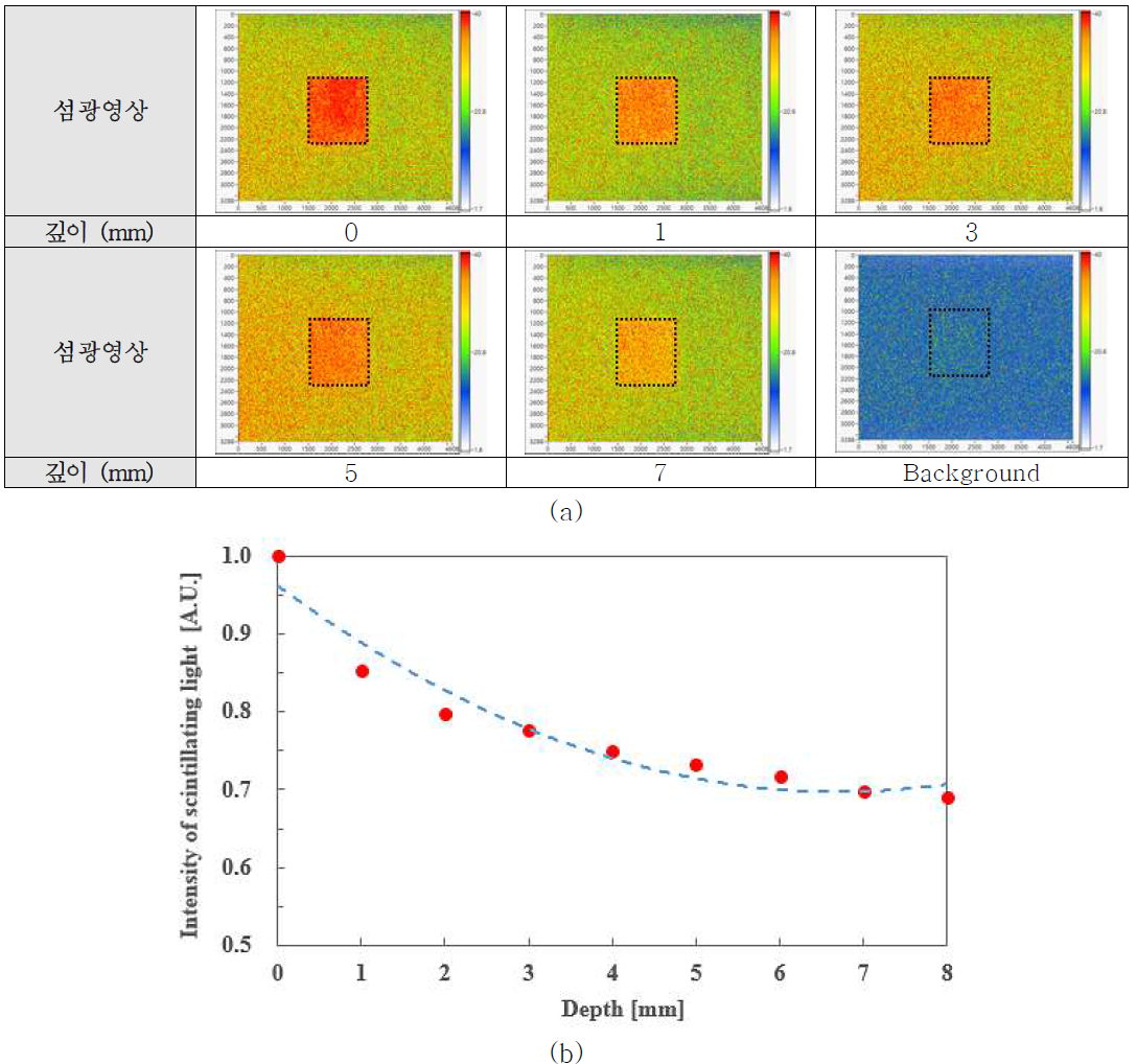 PMMA 팬텀 내에 위치한 감마선원으로부터의 깊이에 따른 (a) 섬광영상과 (b) ROI 내에서 광 강도의 변화