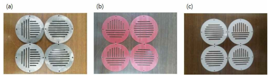 제작한 집속기: (a) 납 집속기, (b) BPE 집속기, (c) polyethylene 집속기