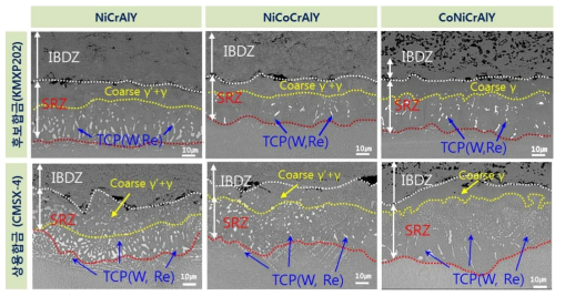 후보합금, CMSX-4에서 형성된 2차 반응 층 미세조직 비교 (1000℃/571사이클)
