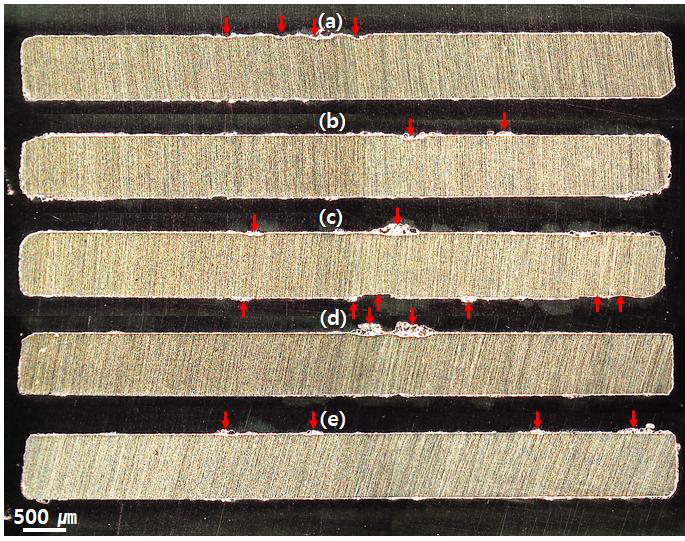 Cross-sectional images of PEO-treated AZ31 Mg alloy for 2 min at 160 mA/cm2 in 1M Na2CO3 + 0.5M Na2SiO3 solution containing various NaOH concentrations of (a) 0 M, (b) 0.1 M, (c) 0.2 M, (d) 0.3 M and (e) 0.4 M.