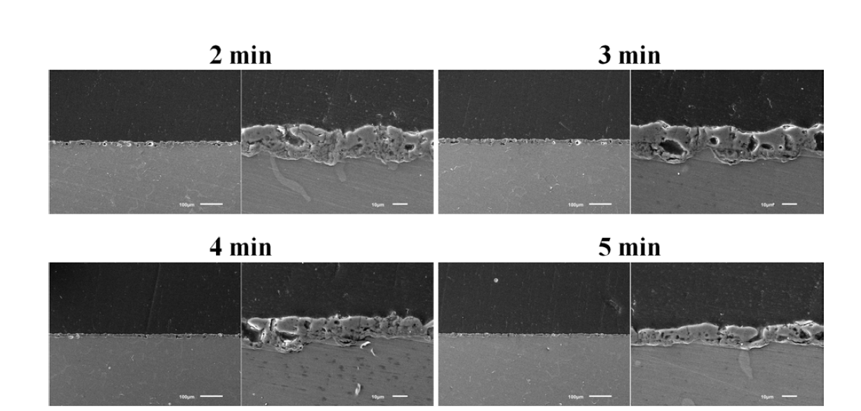 Cross-sectional morphologies of PEO film formed on AZ91 Mg alloy using alternating current with 60 ㎐ in 0.05 M NaOH+ 0.05 M Na2SiO3 solution.