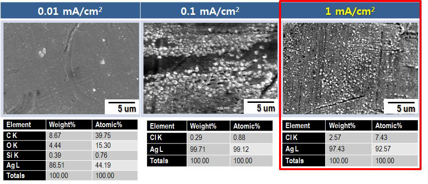 인가 전류에 따른 Ag/AgCl 전극 (시간 : 10 분)의 SEM 및 EDS 분석