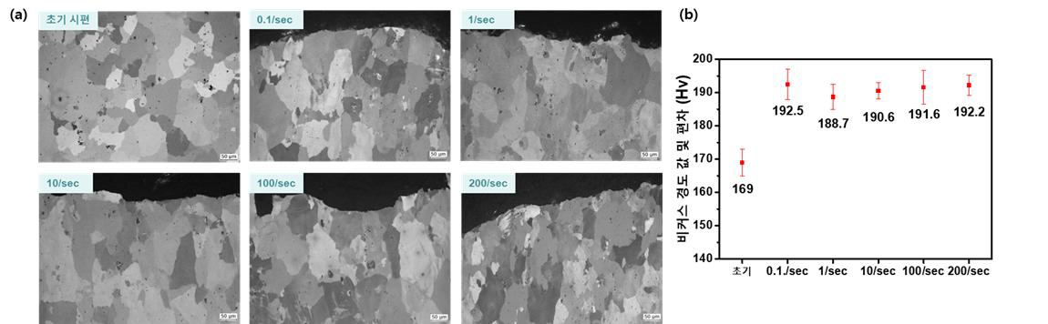 파단면에서 (a) 미세조직과 (b) 경도 값
