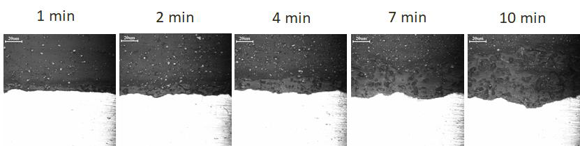 Cross-sectional images of PEO films with PEO treatment time of AZ31 Mg alloy under pulse current with in 0.8m 0.2ms width in 0.8M Na2C03 + 1.2M NaOH + 0.1M Na3PO4 +0.7M Na2SiO3 solution
