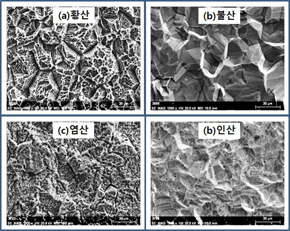 SEM images of Ti disc specimen etched for 30 min in various acidic solutions and temperatures : (a), 7M H2SO4, 90 ℃; (b), 0.3M HF, 30 ℃; (c), 5M HCl, 90 ℃; (d), 7M H3PO4, 90 ℃.
