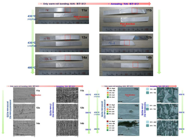 Ti Gr. 1/Al1050/Al7075 이종금속 판재 박리 계면 FE-SEM 관찰 결과