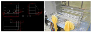 Glove box 설계도(좌) 및 제작된 입자 도포 장치(우)