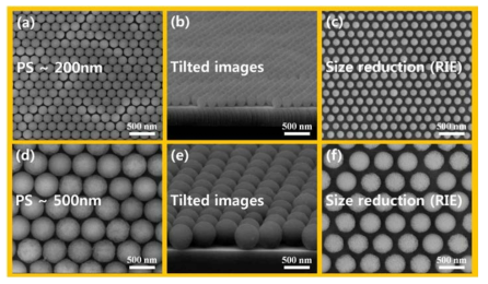 형성된 PS 나노 입자 단일 층과 RIE 건식 식각 후 FE-SEM 이미지