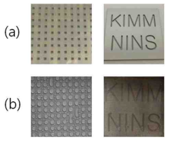 (a)복합패턴 표면 제작용 마스크 및 (b)수분응축 사진