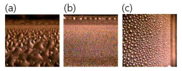 (a) 친수성, (b) 소수성, (c) 수직하게 놓인 소수성 알루미늄앵글에서의 응축양상