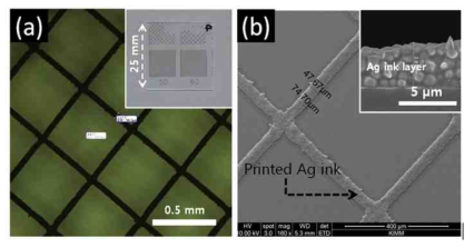 초소수/초친수 복합 패턴을 형성하기 위해 그라비아 옵셋 프린팅 기법으로 Ag 입자 잉크 라인을 인쇄한 나노구조 표면의 ⒜ 광학 이미지 및 ⒝ SEM 이미지