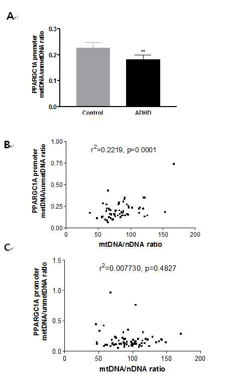 Expression (A) and correlation (B, control and C, patient) analysis of PPARGC1A promoter methylation with mtDNA copy number