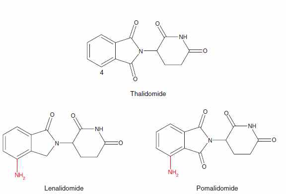 Thalidomide의 유도체인 lenalidomide와 pomalido- mide의 구조