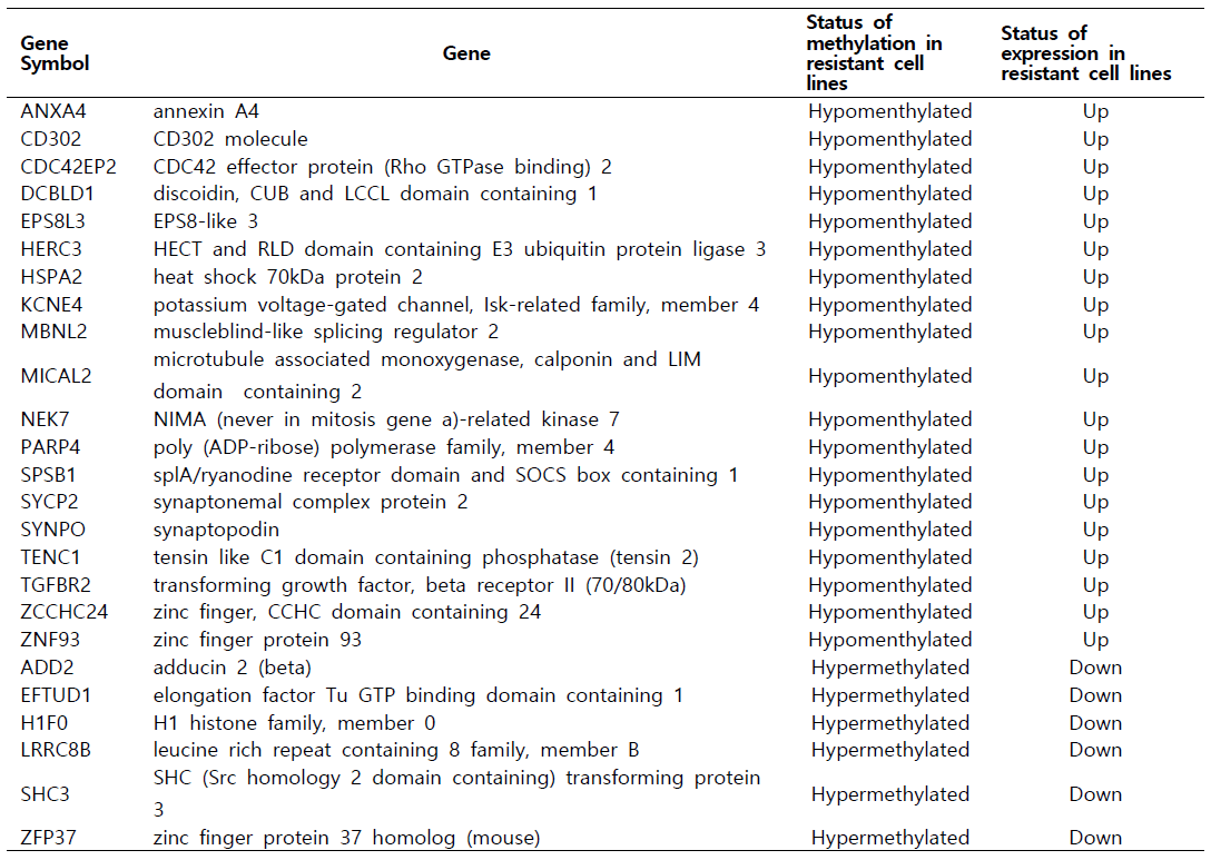 항암제 치료반응 예측 분자표적 후보 유전자 리스트