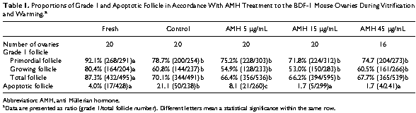 유리화 동결 시 AMH 첨가 유무에 따른 Grade 1 및 apoptotic 난포의 비율비교