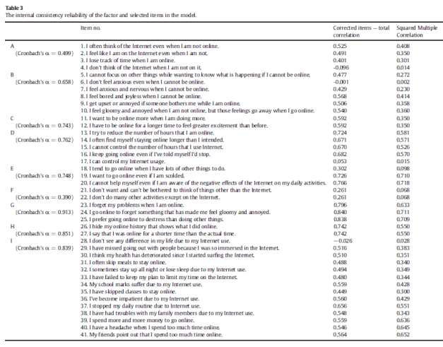 인터넷 중독 척도의 내적 합치도